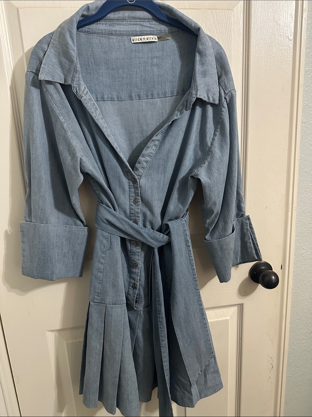 Alice + Olivia Light Blue Denim Shirt Dress with Tie Belt